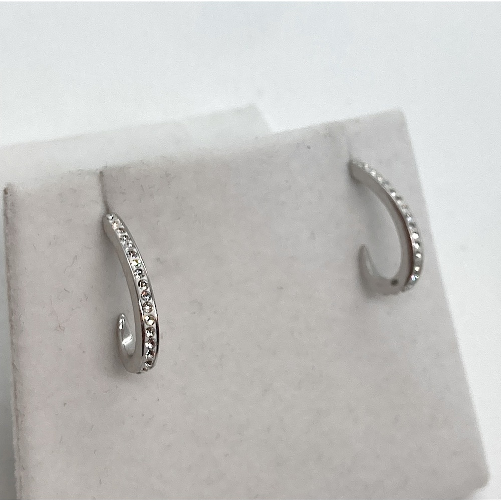 Vtg Sterling Silver White Enamel & CZ Stone J Hook Half Hoop Earrings | 20mm L